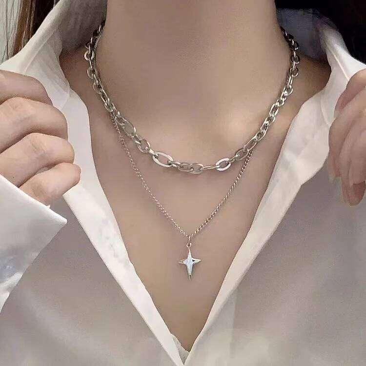 New Design Double Layer Link Chain Cross Star Necklace for Women Man Teens Trendy Punk Hip hop Stainless Steel Choker H260112