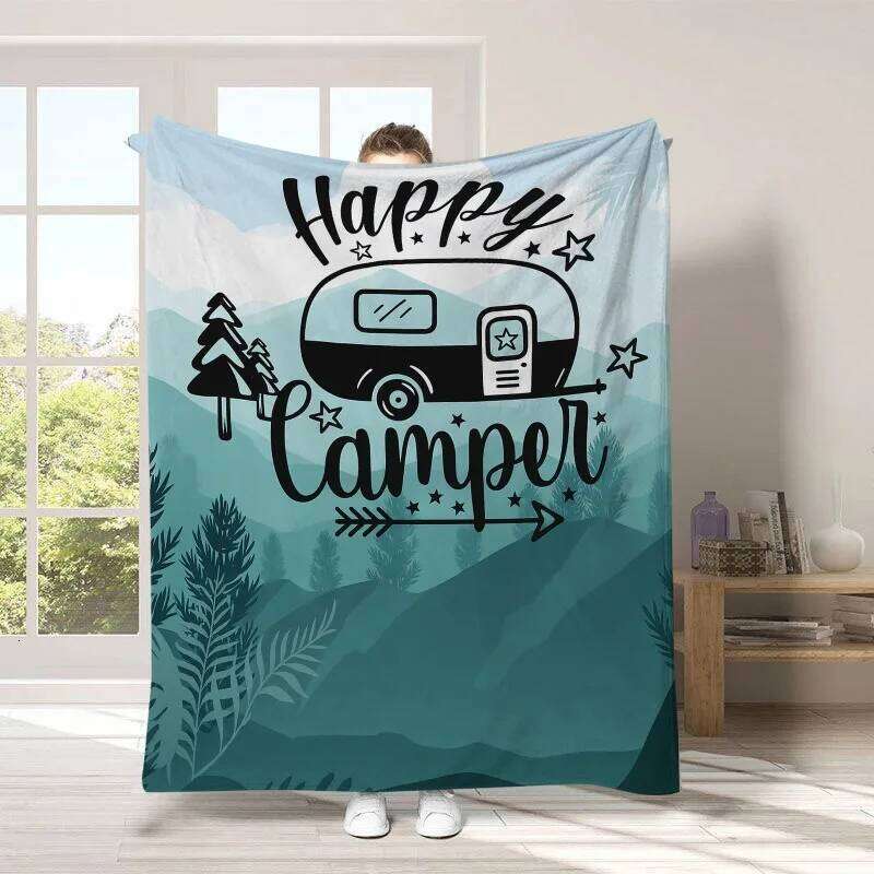 Flannel Soft Cozy Naptime Blanket with Rustic Camping Print All-Season Throw for Outdoor Lovers Sofa Decor Gift XJ260112