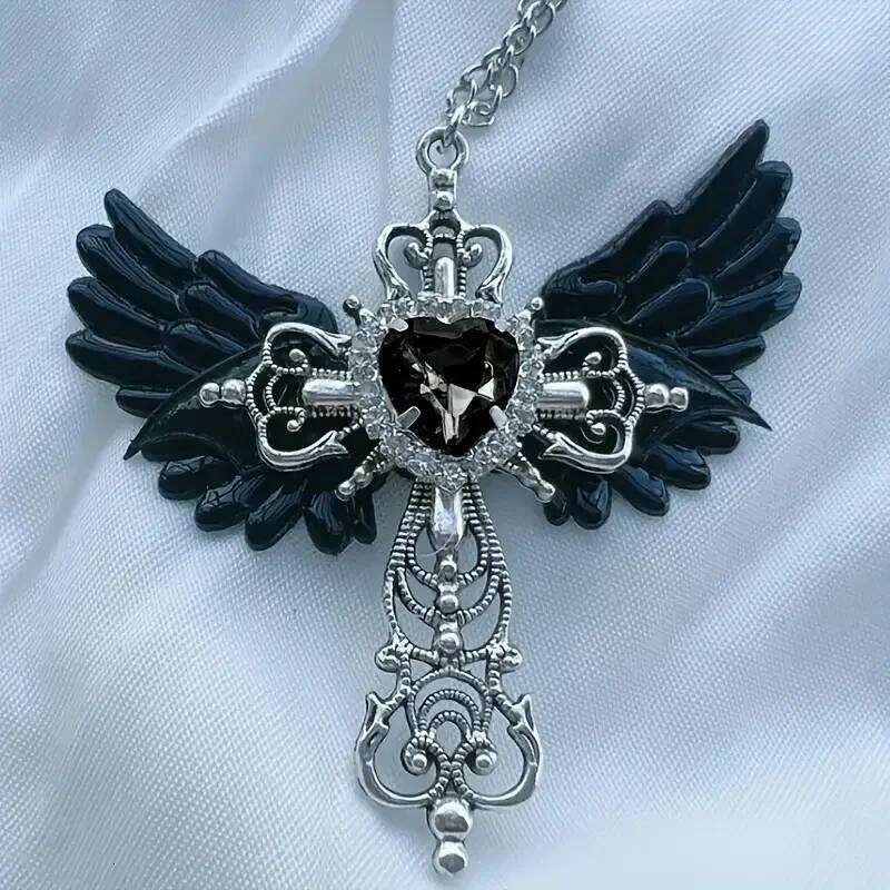 Y2K Inspired Gothic Wings and Cross Pendant Punk Choker Necklace, Heart Shaped Faux Zirconia - Perfect Valentine's Day Gift H260112