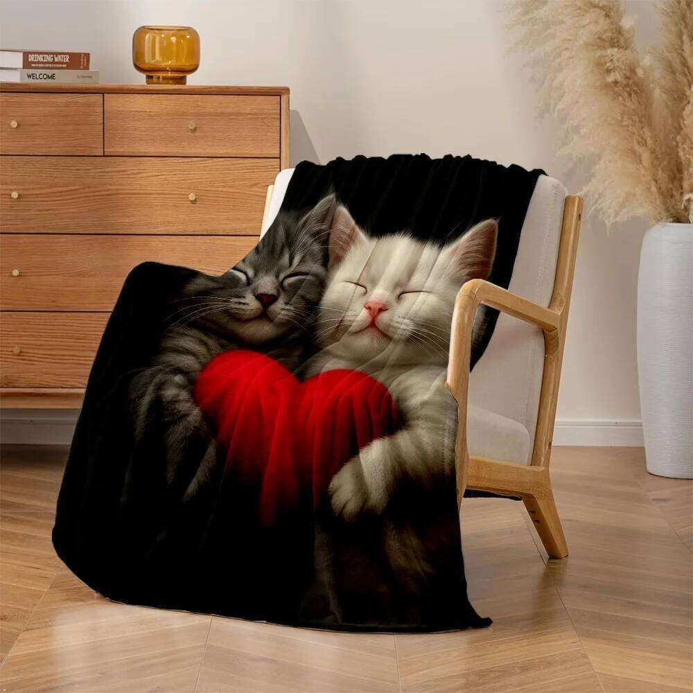1pc Cozy White Kitten Plush Fleece Blanket - Grey Tabby & Cat with Heart Print, Soft Quilted-like Bedspread for Couch XJ260112