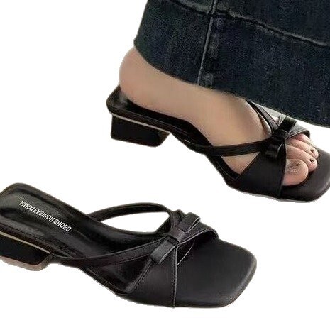 Ddmybagsvip French Bowknot One Strap Fairy Open Toe Slippers Summer Dress Outer Wear Square High Heel Sandals Outdoor Shoes