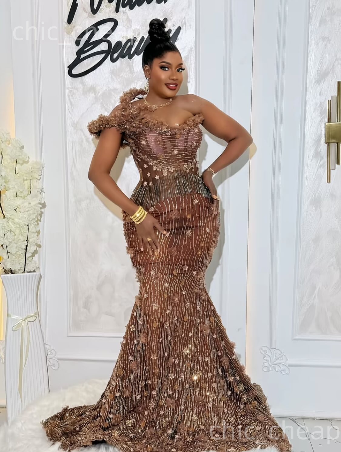 Aso Ebi Brown Mermaid Prom Dresses 2026 One Shoulder Flowers Crystals Beaded Evening Formal Party Second Birthday Engagement Gowns Dress For Special O