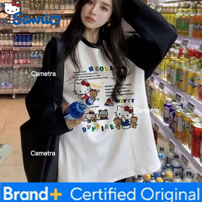 Sanrio HelloKitty Girl cotton Kawaii Anime Fashion Student Casual Long-Sleeved Spring and Autumn Base shirt Round neck New top H260112
