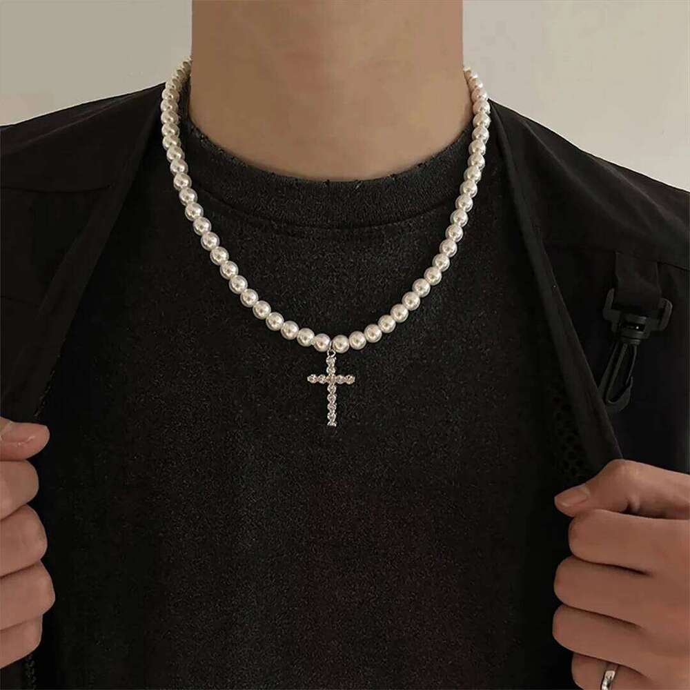 Punk Pearl Beads Chain Spikes Cross Pendant Men Hiphop Layered Stainless Steel Choker Necklace Set New Fashion Jewelry H260112