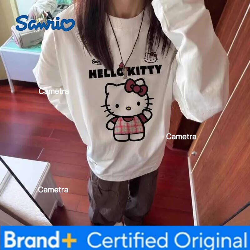 Sanrio New Style Long Sleeve Kitty Cat Loose Bottom Shirt Sweet Cute T-Shirt for Men and Women Versatile Cartoon Hoodie H260112