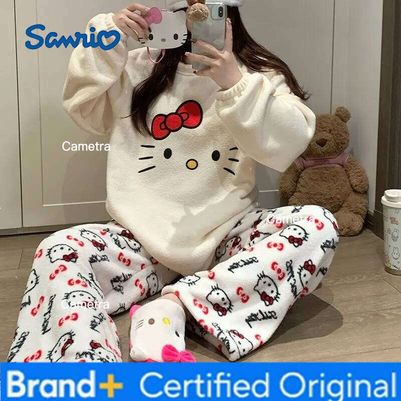Sanrio Cartoon Hello Kittys Cute Warm Coral Velvet Women's Pajamas Winter Thickened Student Sleepwear Anime ed Plush Loungewear H260112