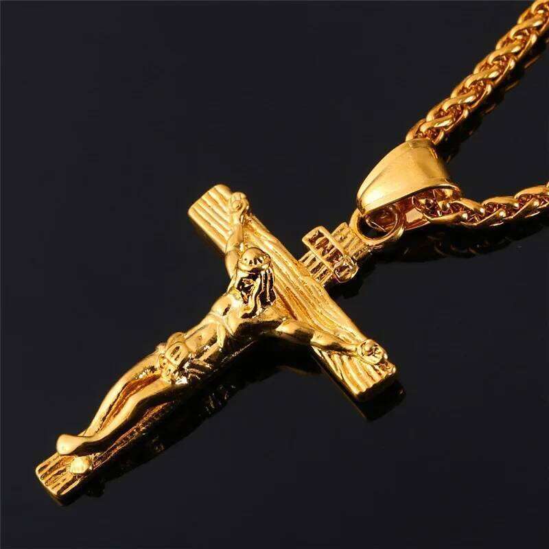 New Religious Jesus Fashion Gold Color Cross Pendent with Chain Necklace Jewelry Gifts for Men and Women H260112