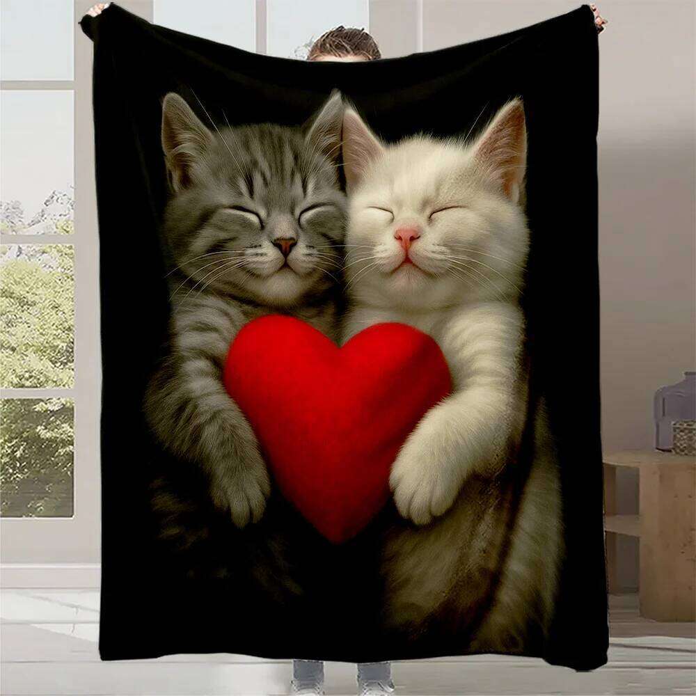 1pc Cozy White Kitten Plush Fleece Blanket - Grey Tabby & Cat with Heart Print, Soft Quilted-like Bedspread for Couch XJ260112