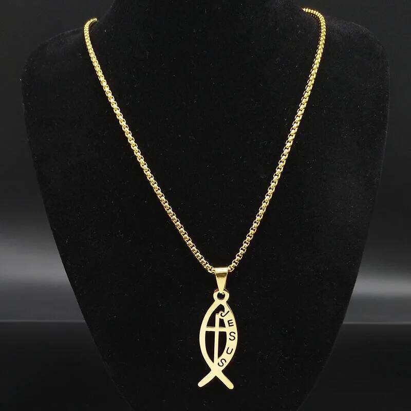 Ichthys Jesus Fish Cross Christ God Pendant Necklace for Women Men Stainless Steel Gold Color Christian Chain Jewelry N1482S02 H260112