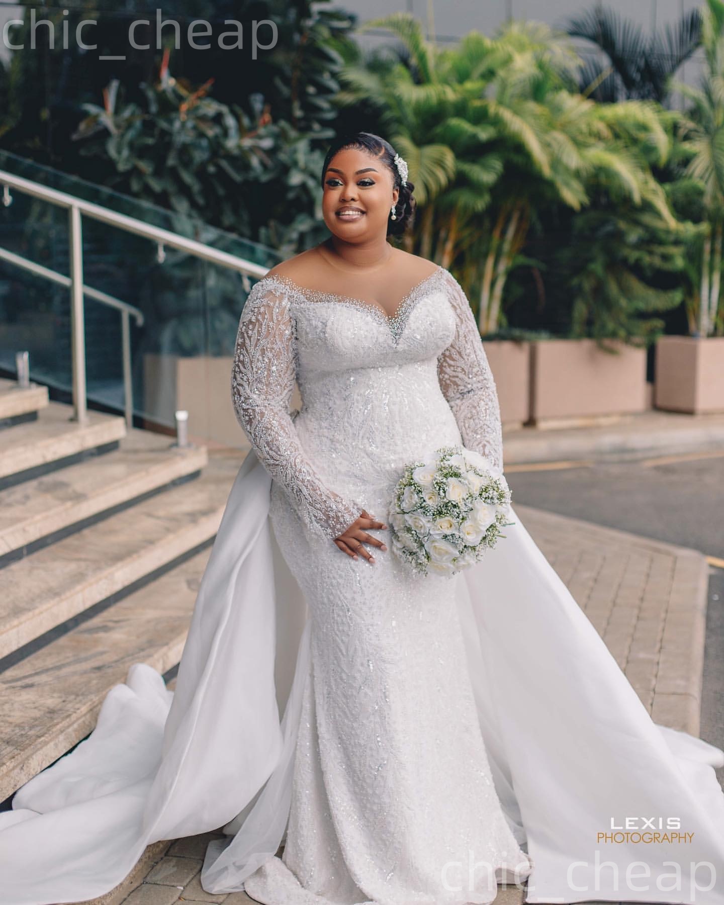 African Aso Ebi 2026 Ivory Mermaid Wedding Dress Beaded Sheer Neck Sequined Lace Vintage Detachable Train Elegant Bridal Gowns Dresses ZJ2271