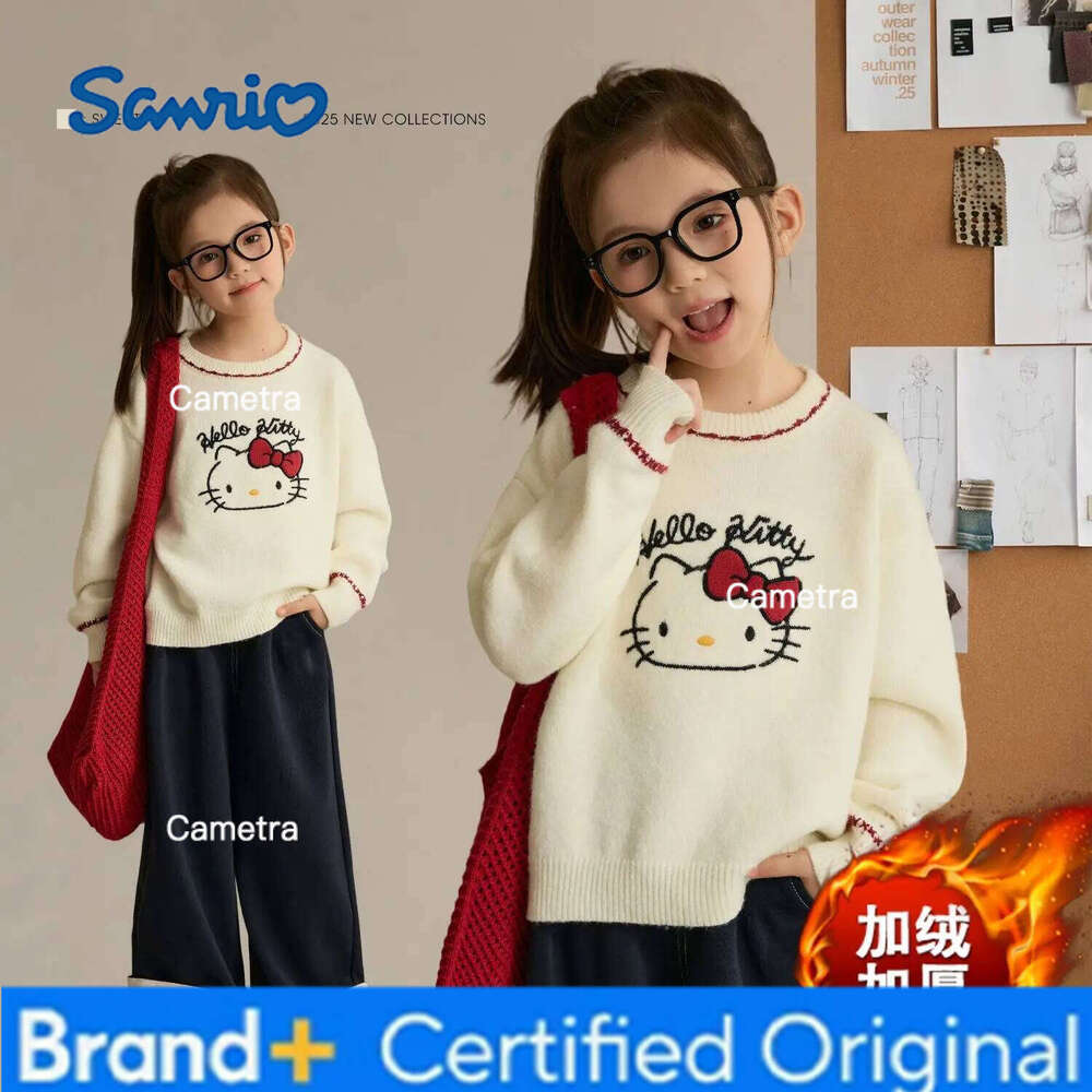 Sanrio Hello Kitty Girls' Sweater Cartoon Kt Cat Pullover Knitting Thicken New Children's Sweatshirt Autumn Winter Tops H260112