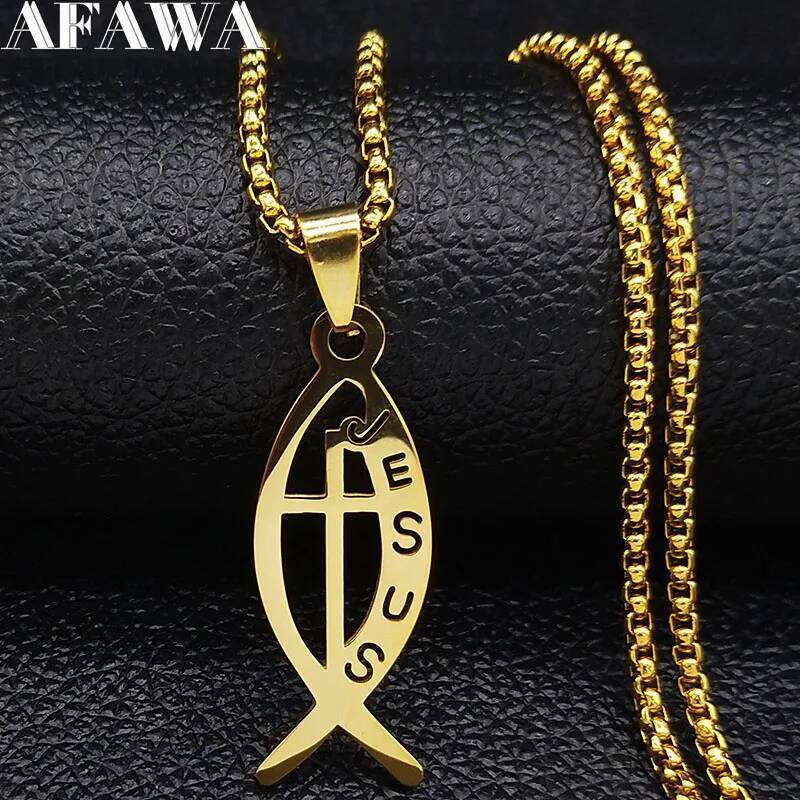 Ichthys Jesus Fish Cross Christ God Pendant Necklace for Women Men Stainless Steel Gold Color Christian Chain Jewelry N1482S02 H260112