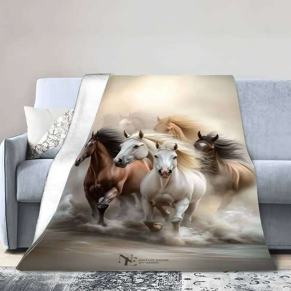 Ethereal Galloping Horses Blanket - Dreamy Water-Infused Environment Design with Five Majestic Horses, Featuring a White Horse w XJ260112
