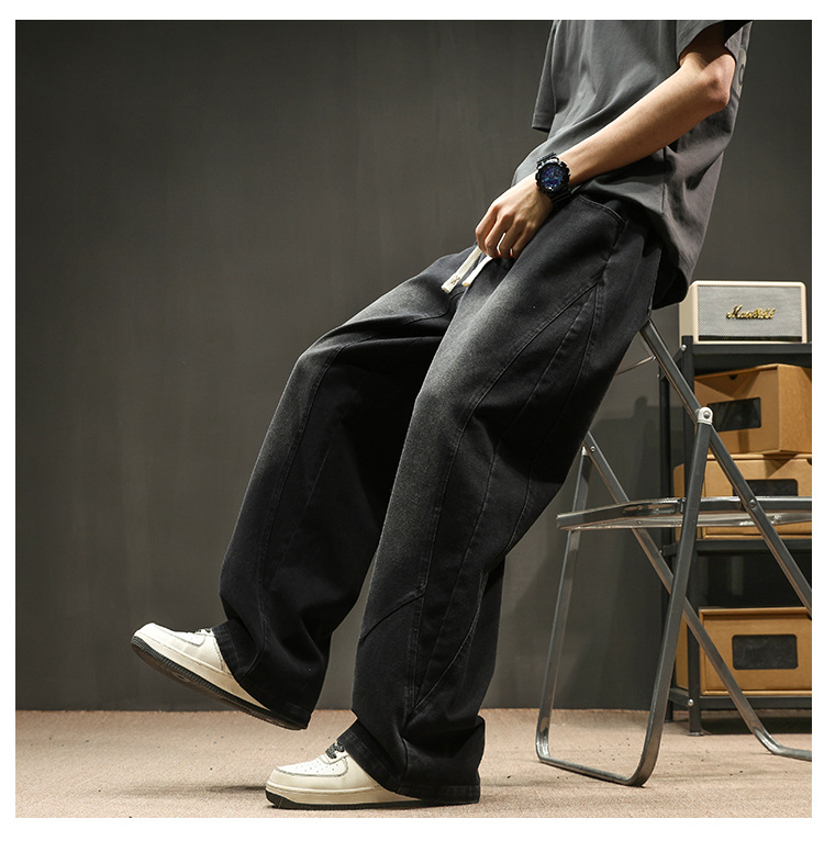 Men's American High-Street Hip-Hop Wide-Leg Flared Jeans, Loose Trendy Brand Plus-Size Casual Spring Stylish Long Trousers