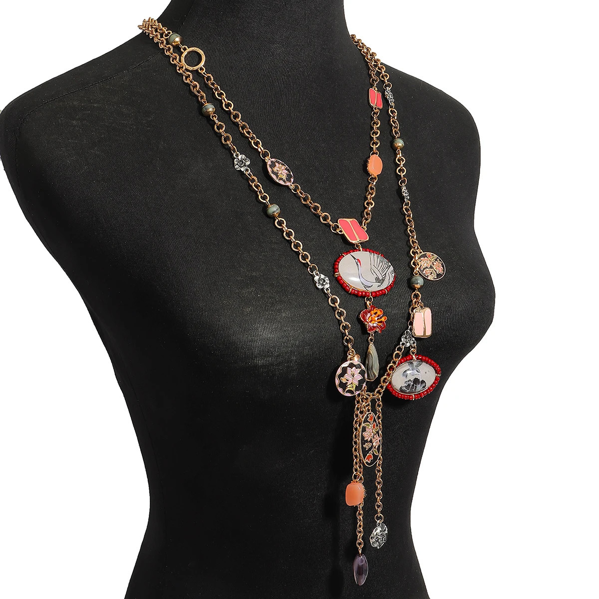 ZAA Multi-layered Painted Flowers and Cranes Ancient Style Pendant Necklace Geometric Tassel Necklace Neck Accessories 260107