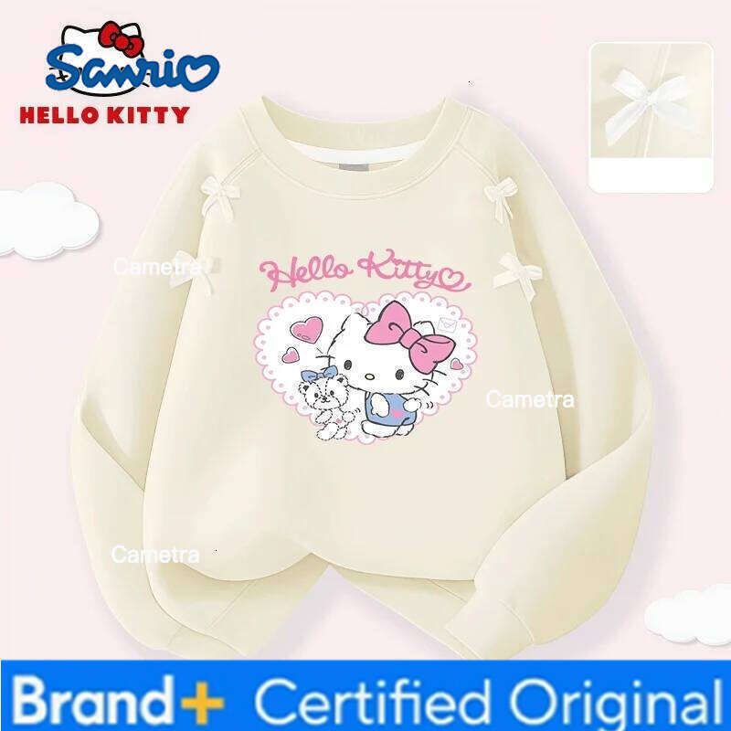 Sanrio Hello Kitty Kids Casual Round-neck Pullover Hoodies Girls Stylish Bow Decor Comfortable Lightweight Sweatshirt Sweet Cute Blouse H260112