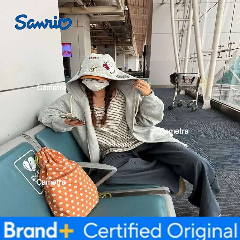 Sanrio Hello Kitty Women Hoodie Sweatshirt Jacket Autumn New Gray Drawstring Youthful Loose Cardigan Casual Streetwear Fashion Tops H260112