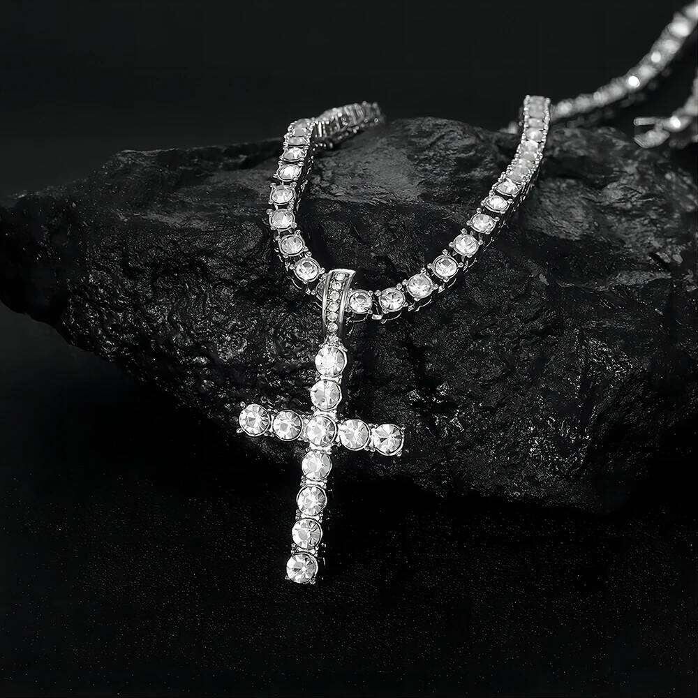Men Women Hip Hop Cross Pendant Necklace With 4mm Zircon Tennis Chain Iced Out Exquisite Bling Jewelry Fashion Trendy Creative H260112