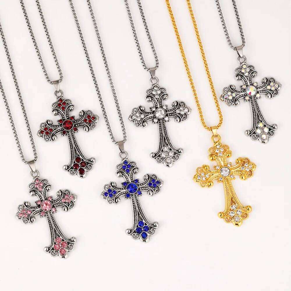 Hip-hop Personality Baroque Sliver Color Stainless Steel Colored Zircon Cross Pendant Necklace for Men Women Jewelry Accessories H260112