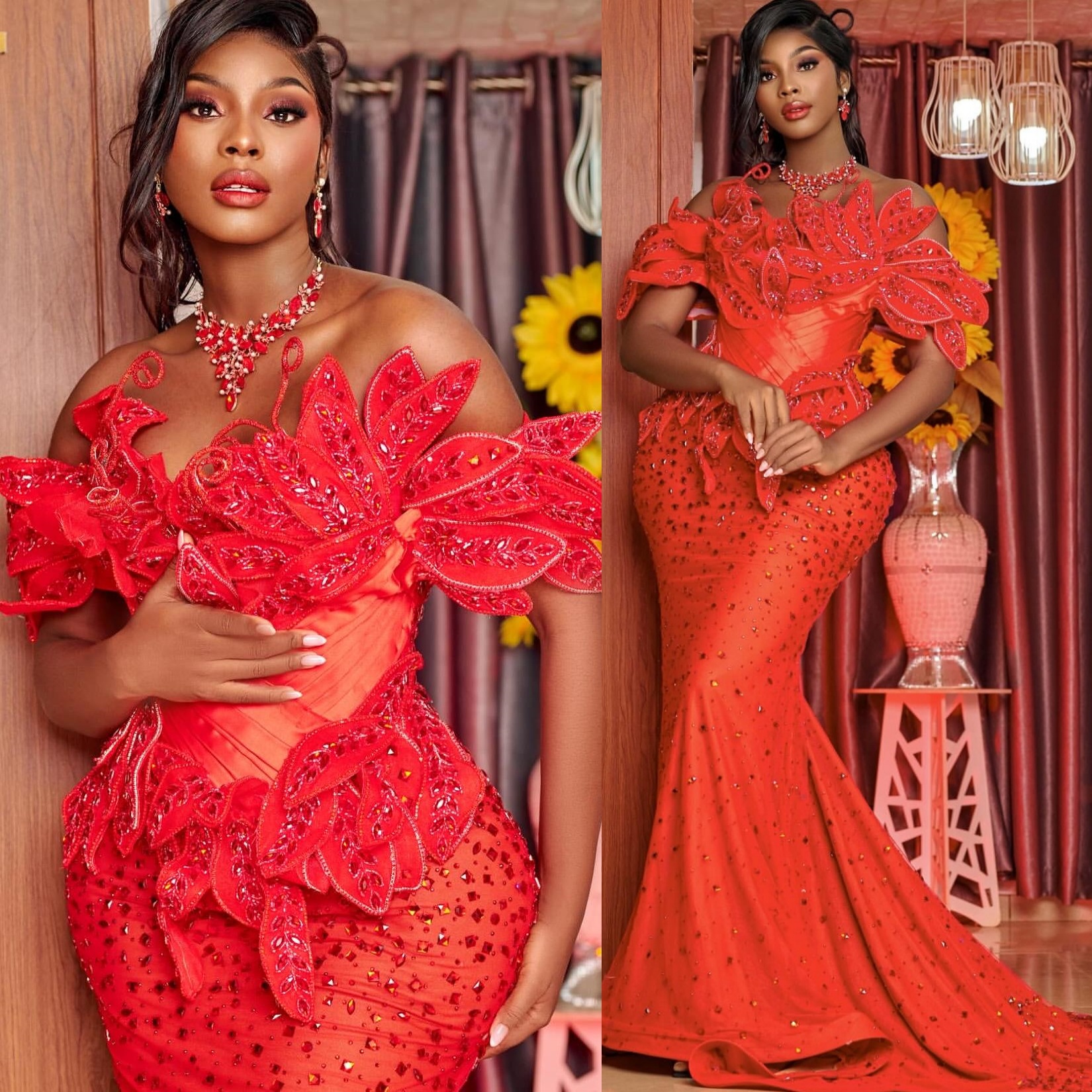 Aso Ebi Red Mermaid Prom Dresses 2026 Florals Crystals Sweetheart Evening Formal Party Second Birthday Engagement Gowns Dress For Special Occasions