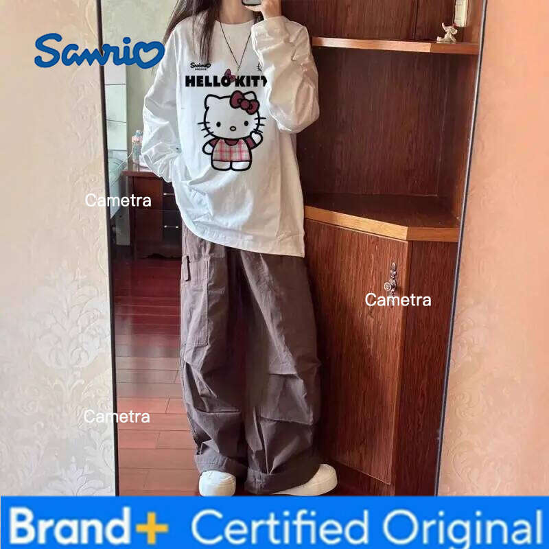 Sanrio New Style Long Sleeve Kitty Cat Loose Bottom Shirt Sweet Cute T-Shirt for Men and Women Versatile Cartoon Hoodie H260112