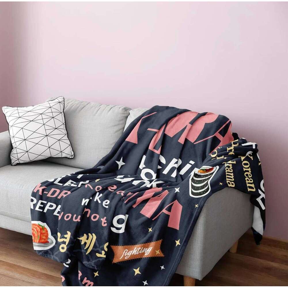 K-Drama Watching Korean Drama Quote &Food Pattern Cozy Warm Soft Flannel Throw Blanket Sofa Bed Couch for Home Decor XJ260112