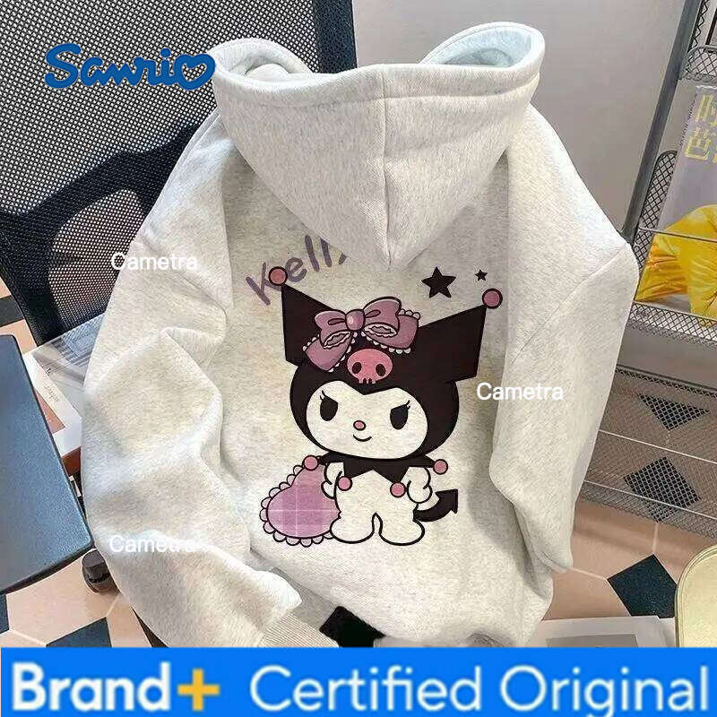 Sanrio Kuromi Hoodie Silver Fox Fleece Cartoon Print Korean Style Loose Fit Women's Casual Autumn Winter Trendy Cool Sweatshirt H260112