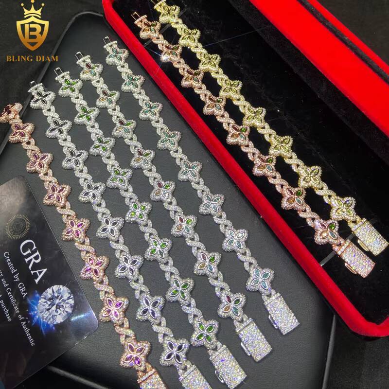 Hot Sale Four Leaf Clover Moissanite Bracelet Link Chain 925 Silver VVS Iced Out 15mm Moissanite Chain Men Past Diamond Test GRA