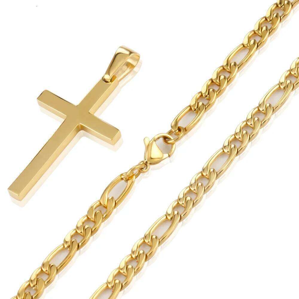 316L Stainless Steel Figaro Chain Necklace for Men Women Gold/ Silver Color Cross Pendant Waterproof Necklaces Fashion Jewelry H260112