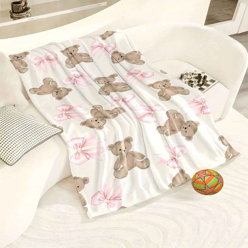 Soft Flannel Teen Girls' Blanket - Pastel Pink Brown Teddy Bear Plush Bow Design All-Season Cozy Bedspread for Bed Couch or Nap XJ260112