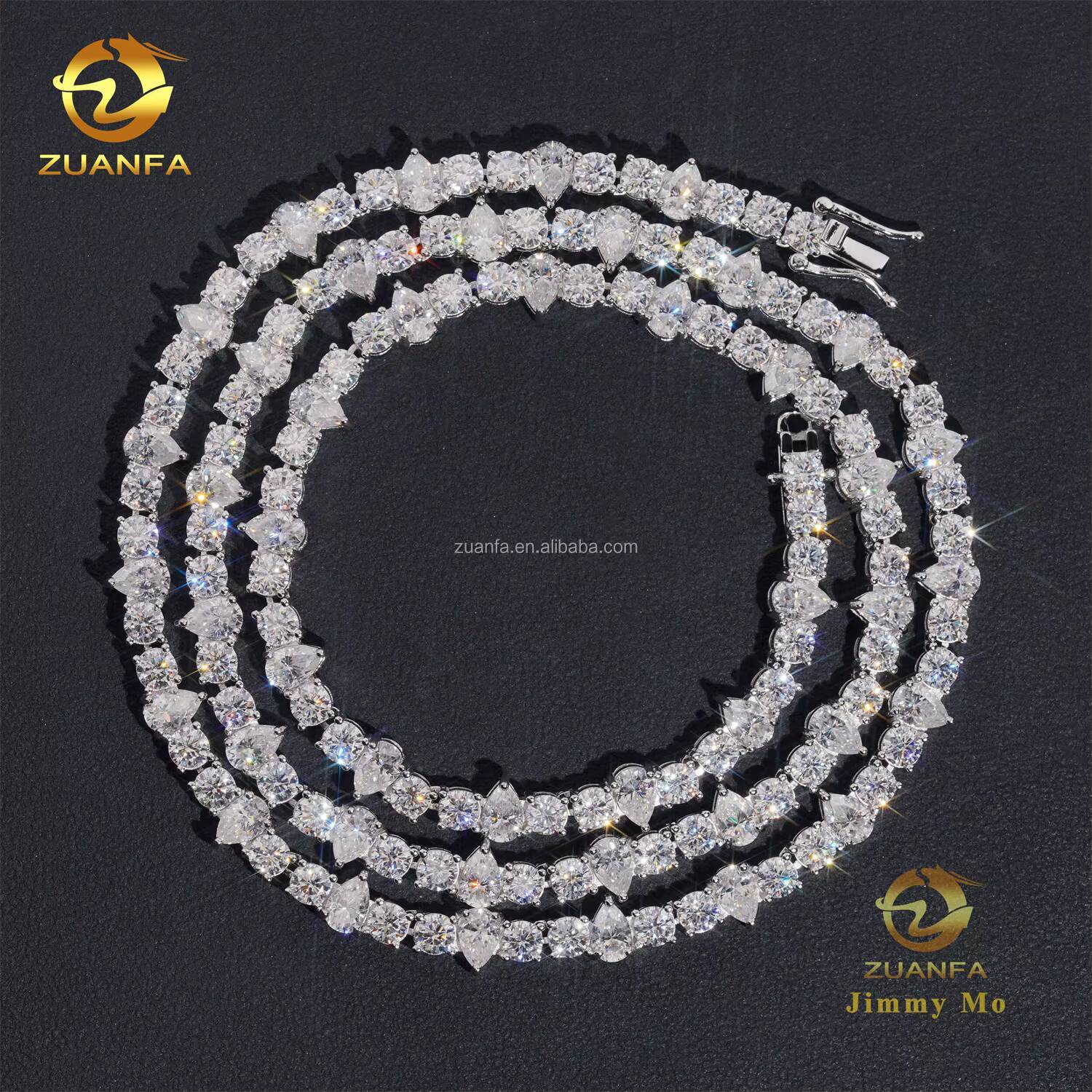 New Design Unique Elegant Style Claw Setting 4mm Upside Down 925 Solid Silver Rhodium Plated VVS Moissanite Pear Tennis Chain