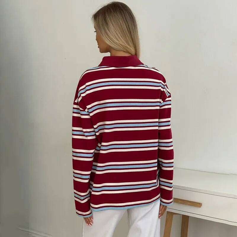 Tornova Casual Long Sleeve Striped Polo Collar Loose Women's Top Pullover Fashion Retro Print T shirt Female Autumn New