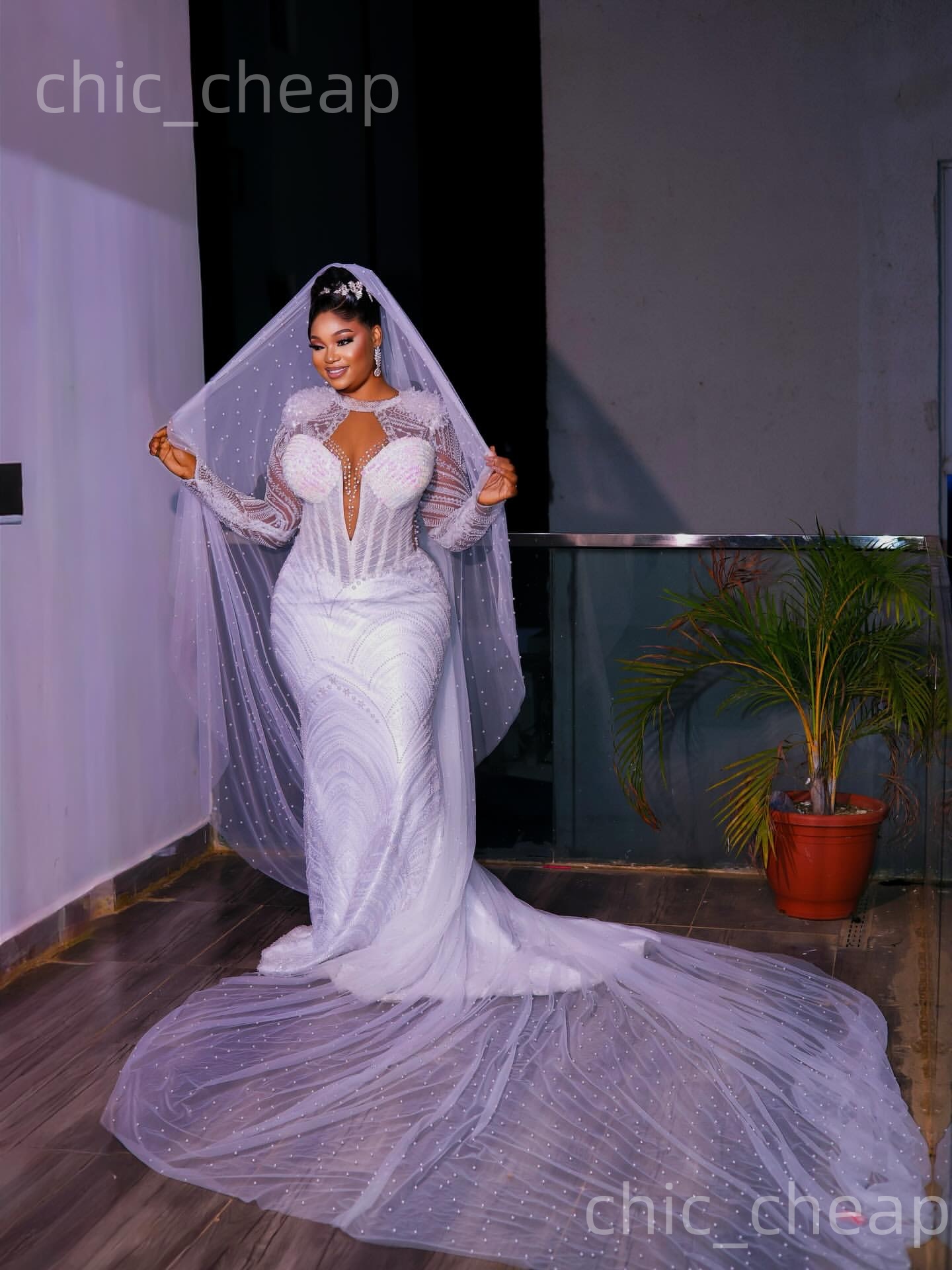 African Aso Ebi 2026 White Mermaid Wedding Dress Rhinestones Beaded Full Sleeves Sequined Sheer Neck Bridal Gowns Dresses ZJ2279