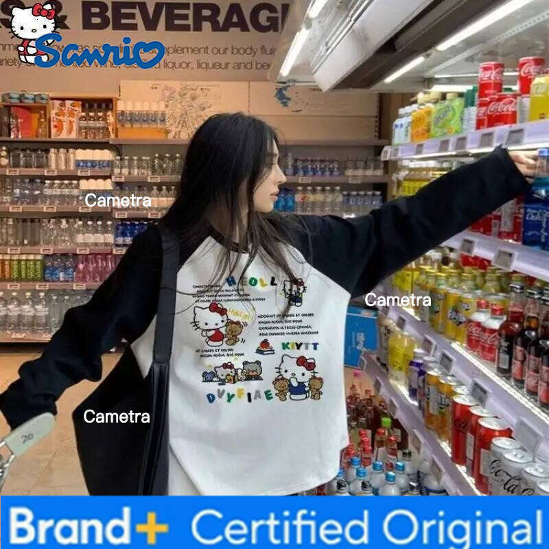 Sanrio HelloKitty Girl cotton Kawaii Anime Fashion Student Casual Long-Sleeved Spring and Autumn Base shirt Round neck New top H260112