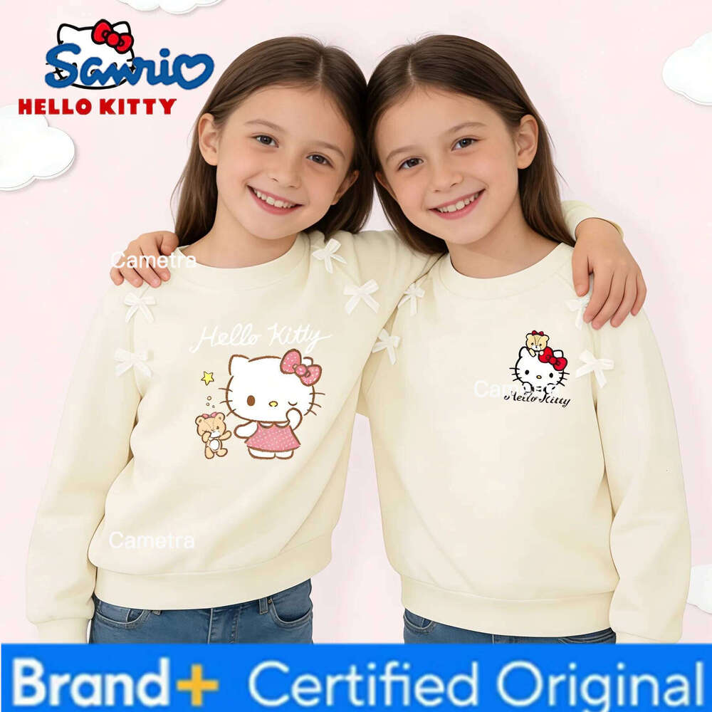 Sanrio Hello Kitty Girl Bow Decoration Long-sleeved T-shirt Spring Autumn Soft Breathable Hoodies Kids Comfortable Pullover H260112
