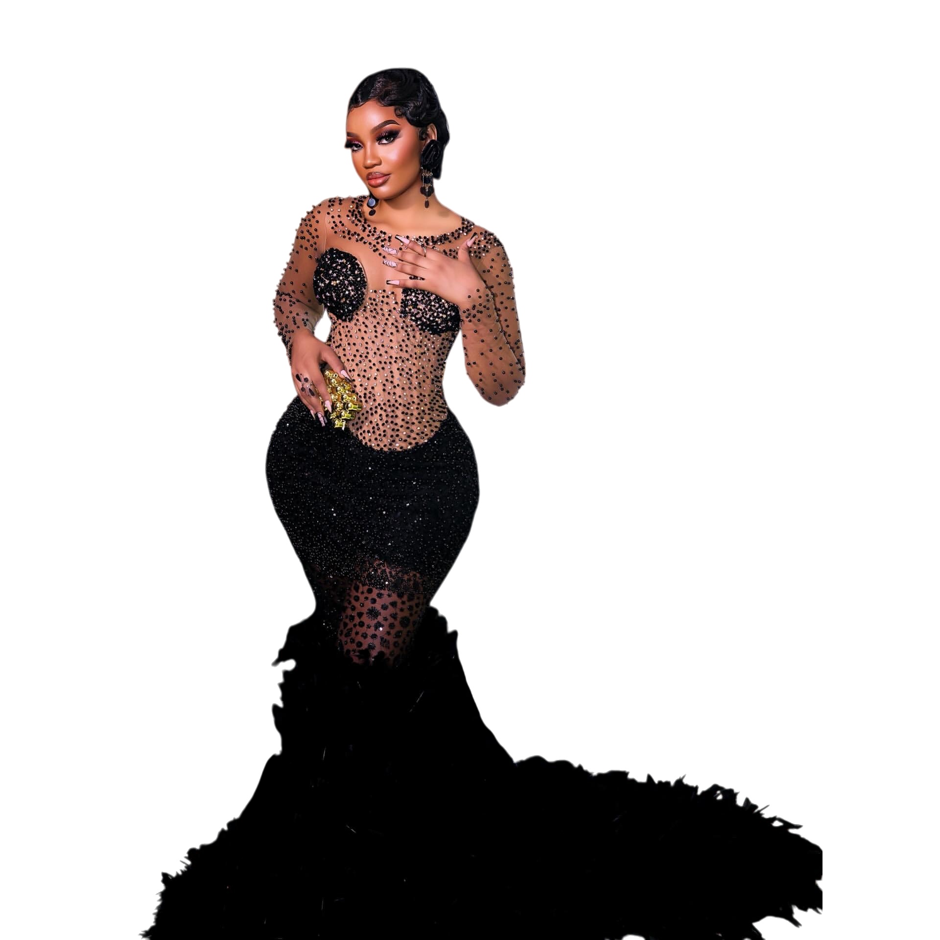 Aso Ebi Nigerian Black Mermaid Prom Dresses 2026 Crystals Beaded Feather Evening Formal Party Second Birthday Engagement Gowns Dress For Special Occas