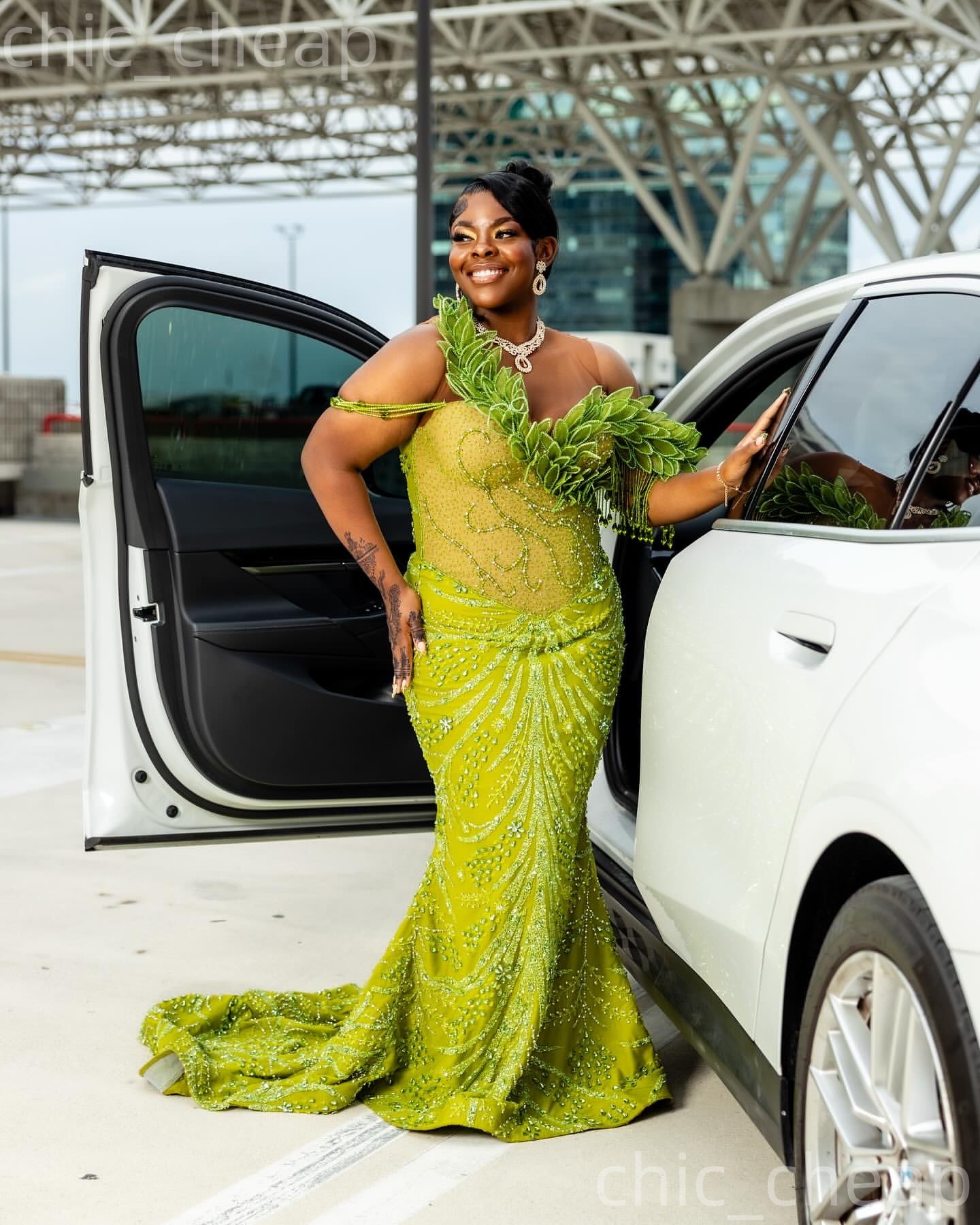 Aso Ebi 2k25 Yellow Green Mermaid Prom Dresses 2026 Florals Crystals Sheer Neck Evening Formal Party Second Birthday Engagement Gowns Dress For Specia