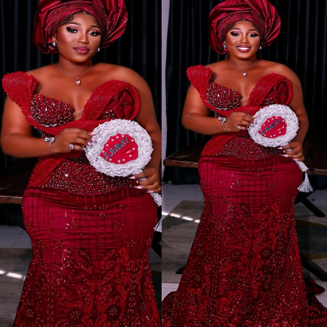 Aso Ebi Nigerian Dark Red Mermaid Prom Dresses 2026 Flowers Crystals Beaded Lace Evening Formal Party Second Birthday Engagement Gowns Dress For Speci
