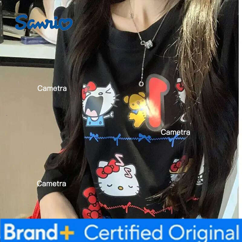 Sanrio Cartoon Girl Long Sleeved T Shirt Hello Kitty Print Kawaii Loose Anime Spring Autumn New Style Casual Sweet Versatile H260112