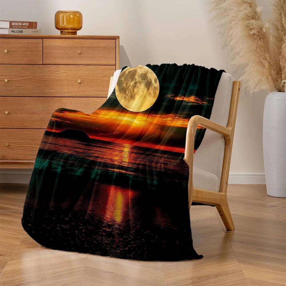 1pc Monet-Inspired Impressionist Sunrise Sunset Moon Seascape Plush Blanket - Green & Golden Ocean Waves with Turquoise to Deep XJ260112