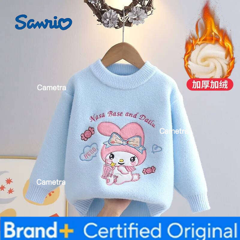 Sanrio Autumn Winter Cute Melody Mink Cashmere for Kids Crew Neck Knit Pullover Girl Plush Warm Thicke Knitwear Fashion Sweater H260112