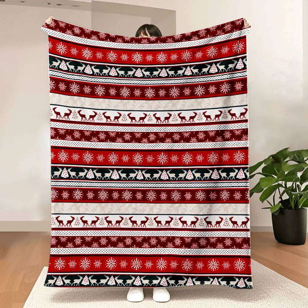 Striped Blanket Traditional Red/White/Black Design with Snowflakes, Reindeer, Christmas Trees - Festive Throw for XJ260112