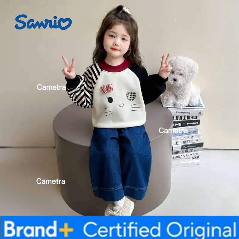Sanrio Anime Hello Kitty Girls' Autumn Thick Velvet Hoodie Fashion children's clothing thickened one-piece velvet top cartoon pullover H2601