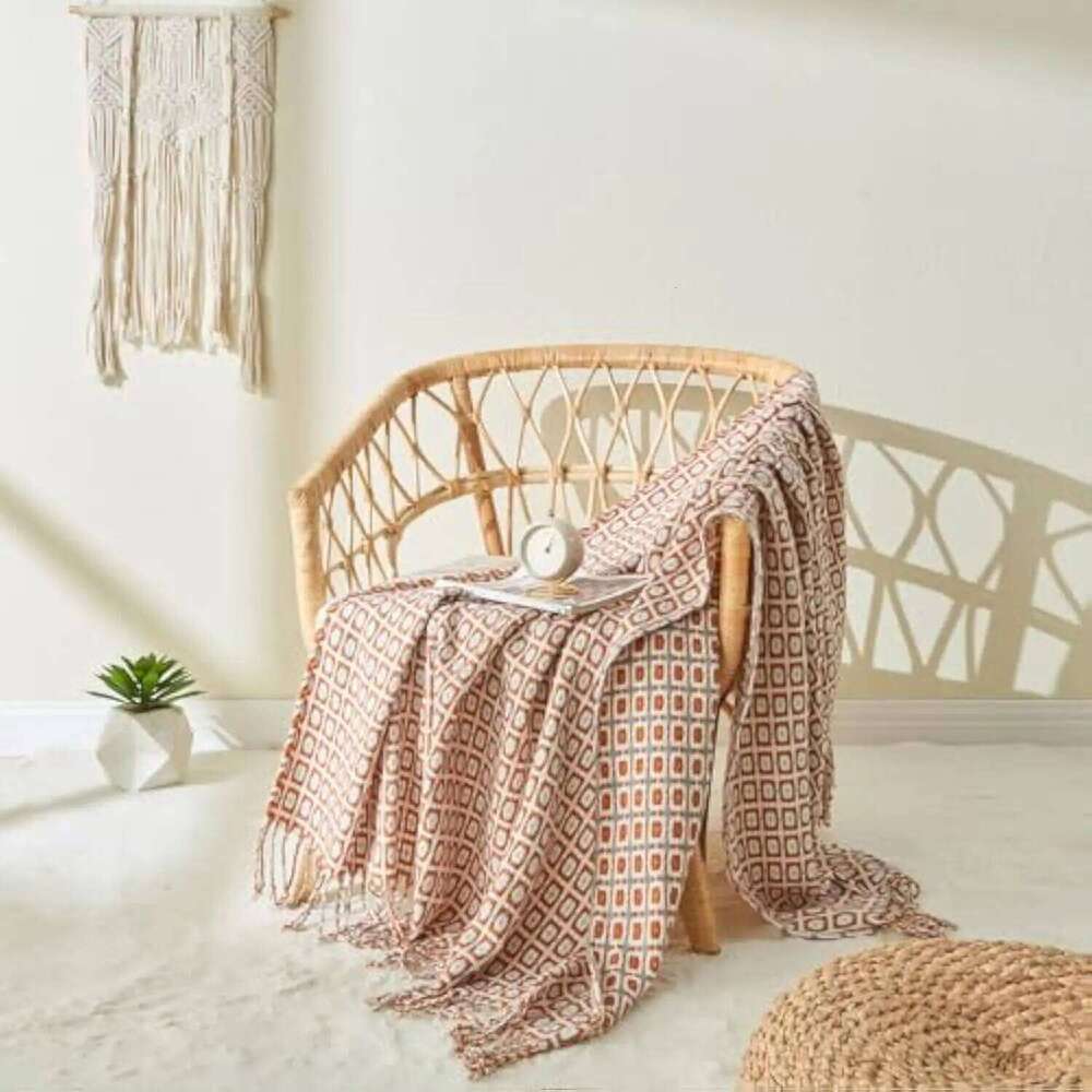 Pink Gift Vintage Tassel Knitted Plaid Blankets Soft Sofa Cozy Throw Blanket Bed Bedspread Cover All Season Home Decor XJ260112
