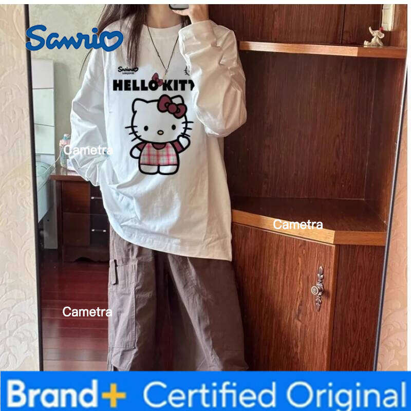 Sanrio Hello Kitty Women's T-Shirt Kawaii Cartoon Student Autumn Long Sleeves Loose Cotton Tops Fashion Woman Clothing New H260112