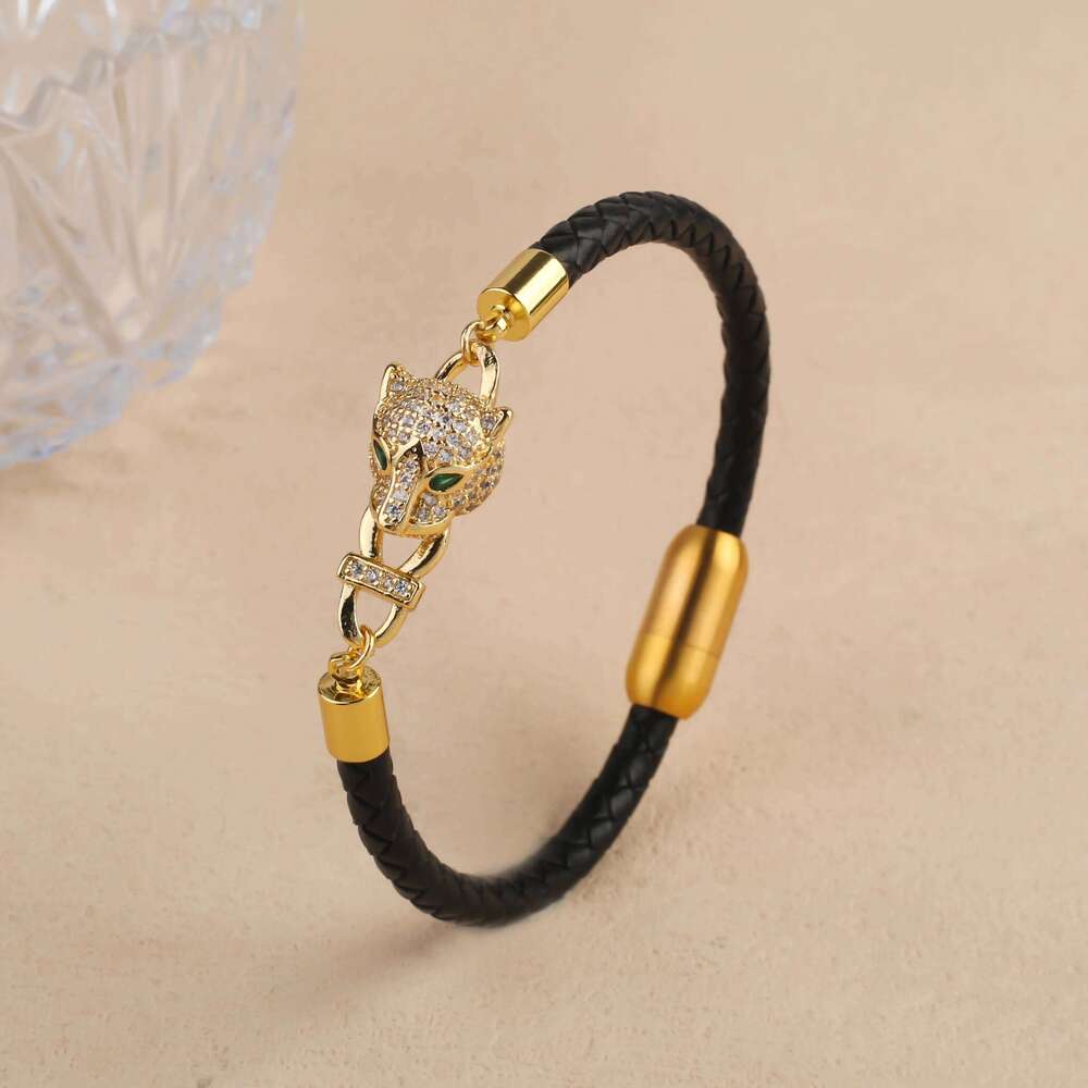 Bracelet Jewellery Textured 1 Stainless Steel Leopard Head Braided Leather Rope with Cubic Zirconia Animal Style Unisex Cuff for Daily Casual Wear and