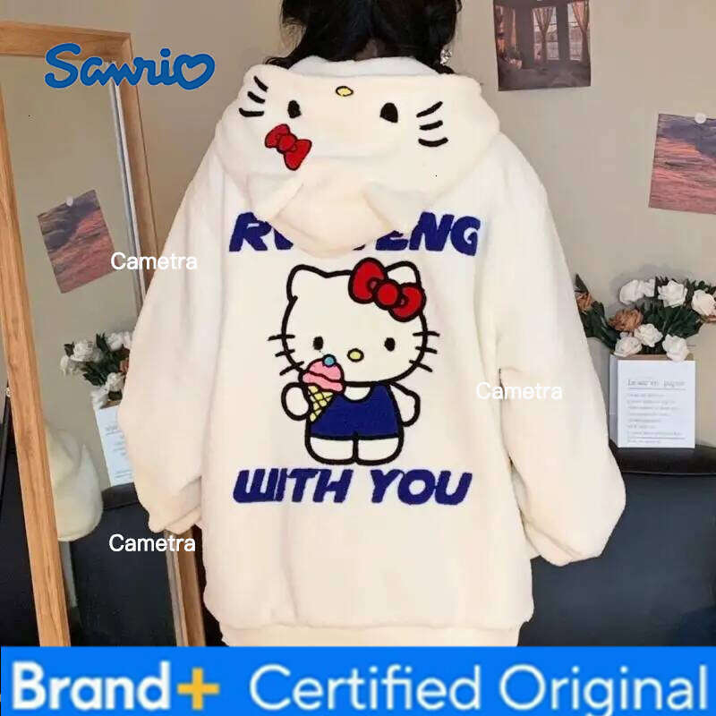 Sanrio Hello Kittys Hoodie Women Zipper Coat Girls Cardigan Sweatshirt Plush Fall Winter Cotton-Padded Jacket Streetwearr H260112