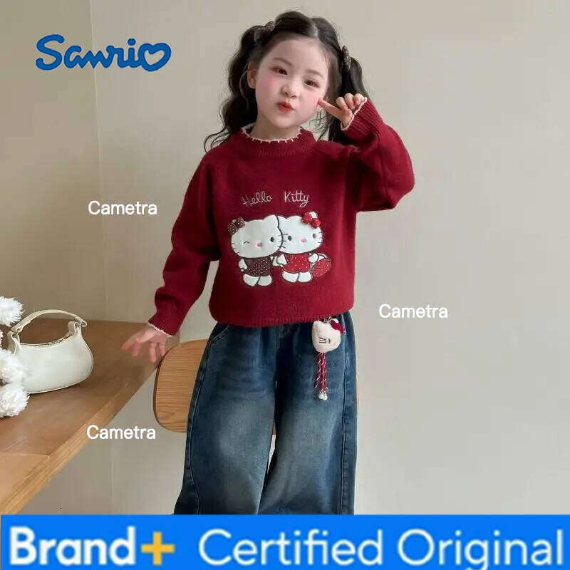 Sanrio Girl's Hello Kitty Kawaii Sweater Autumn/winter 2025 New Children's Cartoon Anime Fashion Jeans Sweet and Comfortable Soft Set H26011