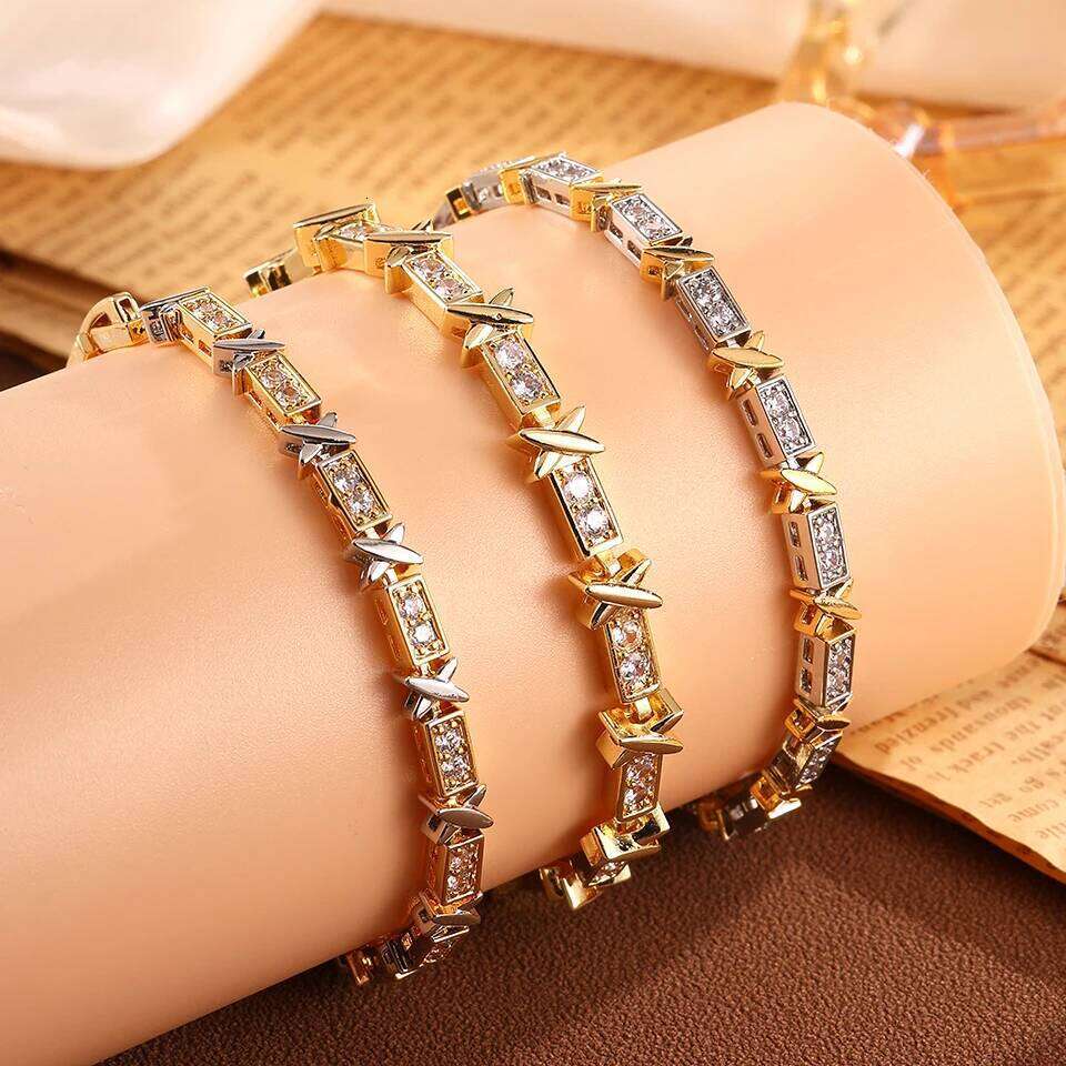 Three Colors Gold Color X-shaped Full Zircon Bracelet for Women Cross Niche Design Luxury Wedding Party Jewelry