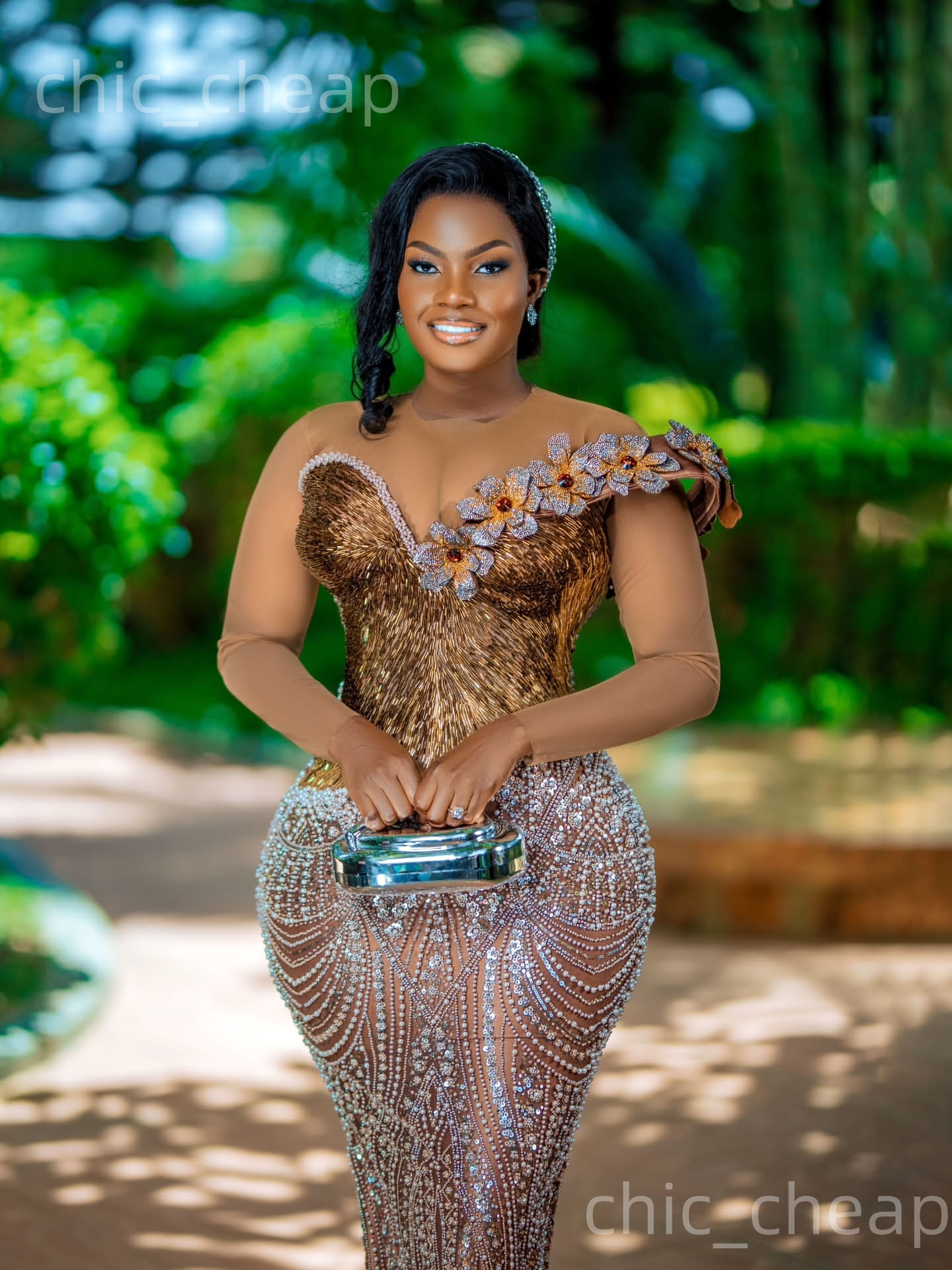 Aso Ebi Brown Mermaid Prom Dresses 2026 Flowers Beadedd Illusion Evening Formal Party Second Birthday Engagement Gowns Dress For Special Occasions